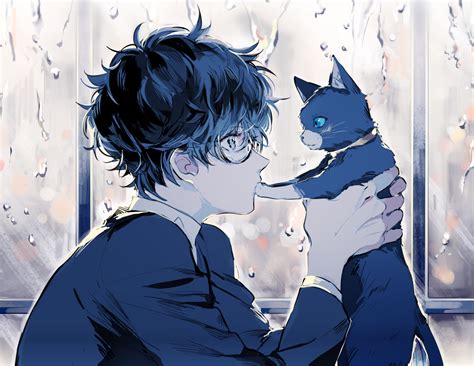 Wallpaper Profile View Anime Boy Kurusu Akira Cute Persona 5 Cat