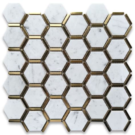 Carrara White Marble 2 Inch Hexagon Mosaic Tile W Brass Strips