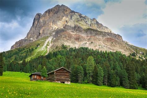 Log Cabin In The Dolomites Fields And Mountains Alpine Arch Alps