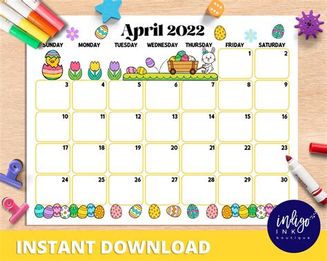 April 2022 Calendar Instant Download Monthly Planner Digital Etsy