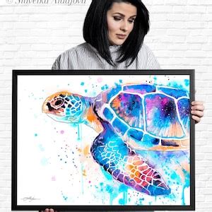 Blue Sea Turtle Watercolor Painting Print By Slaveika Etsy Uk