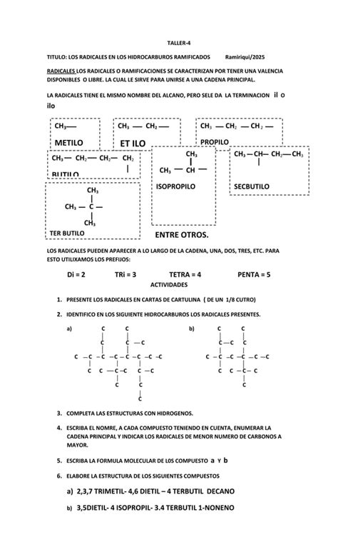 Taller 11 Nomenclatura De Alcanos Alquenos Y Alquinos