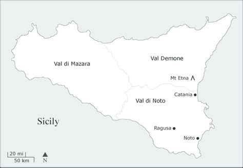 A Map Of Sicily Showing The Val Di Noto And Its Principal Cities And