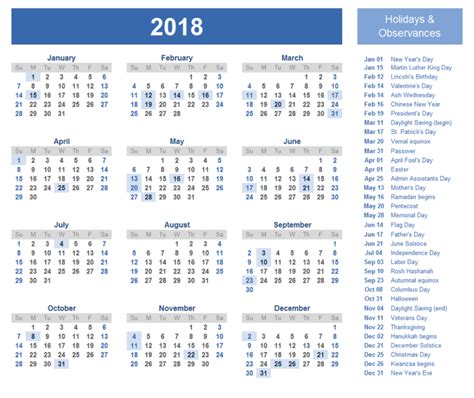 2018 Yearly Calendar With Holidays Complete Activity Shelter