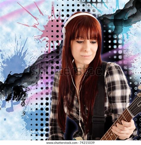 Young Girl Playing Electric Guitar Colorful Stock Photo 74215039