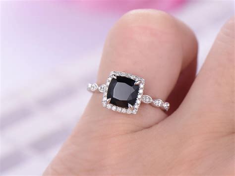 65mm Black Spinel Engagement Ring14k White Gold Diamond Etsy