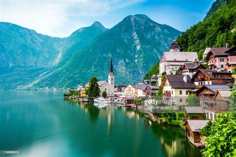 Hallstatt Village And Hallstatter See Lake In Austria High Res Stock