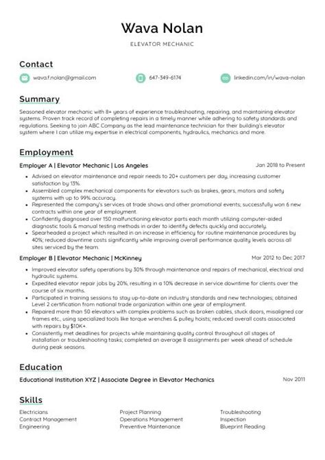 Elevator Mechanic Resume Cv Example And Writing Guide