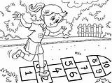 Coloring Playing Outside Play Kid Hopskotch sketch template
