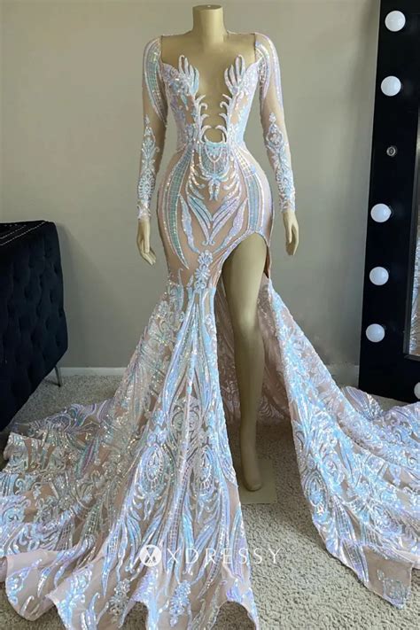 sexy illusion plunging neck iridescent sequin prom gown xdressy