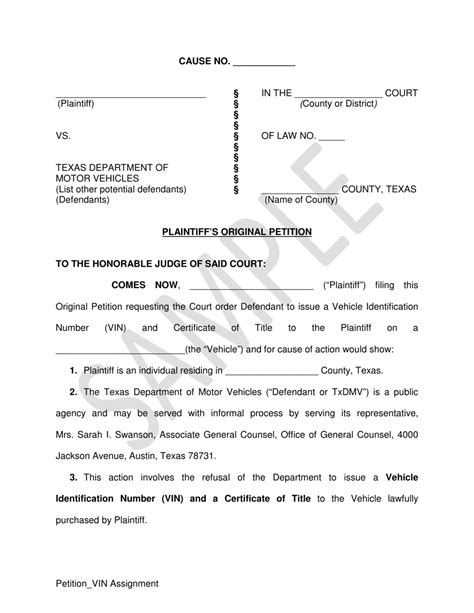 Texas Plaintiff S Original Petition Vin Assignment Sample Fill