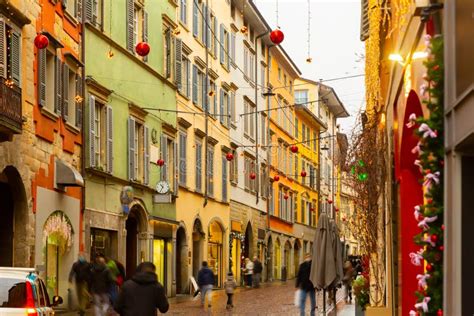 Bergamo Street With Christmas Decorations During Winter Holidays Stock