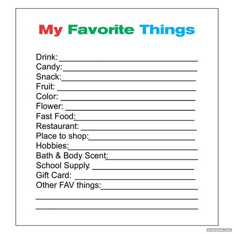 Favorite Things List Template Printable Gridgit Com