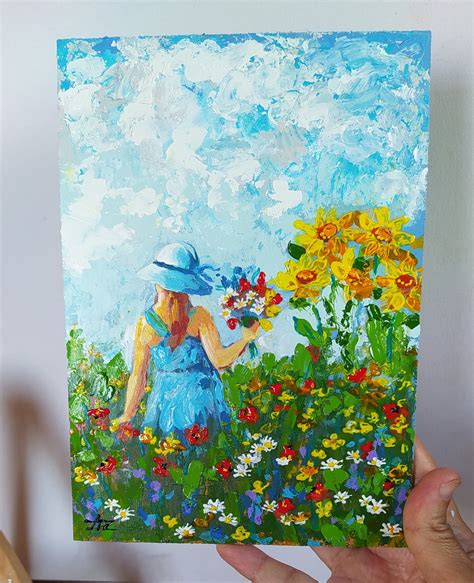 Blooming Meadow Painting Girl Original Art Wildflower Floral Etsy