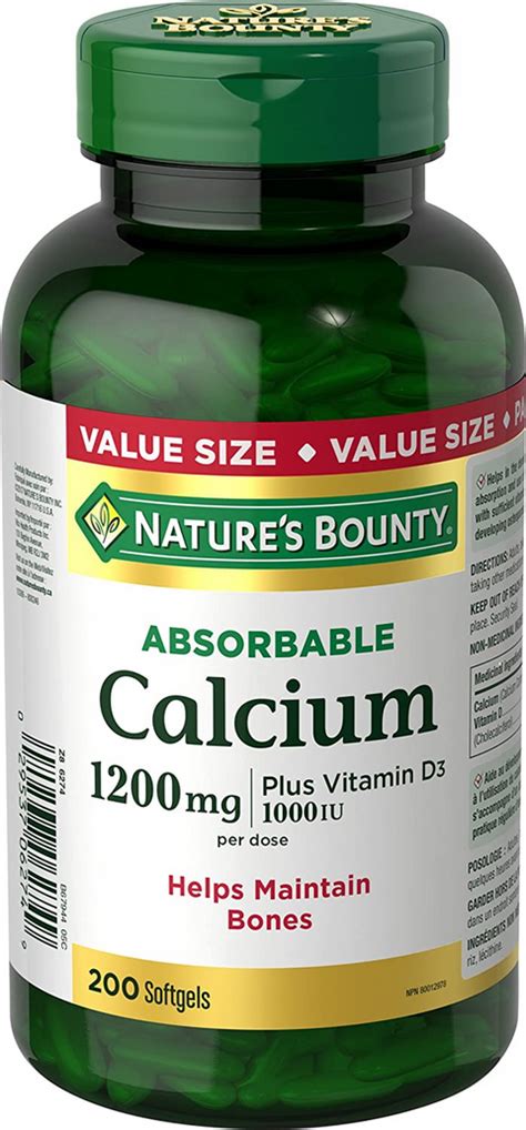 Natures Bounty Absorbable Calcium 1200mg Plus Vitamin D3 1000iu 200 S