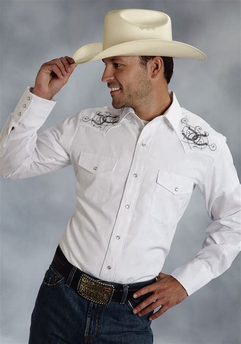 Roper® Mens White Embroidered Long Sleeve Pearl Snap Cowboy Shirt