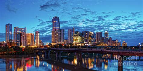 Early Morning Panorama Of Downtown Austin From South Lamar Bridge Over