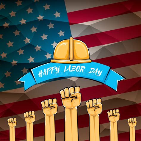 happy labor day usa vector poster with strong orange fist isolated on usa flag background