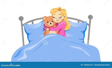 Concept Of Childhood Young Happy Girl Lying With Teddy Bear In A Bed