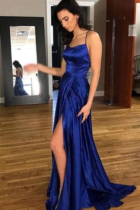 Blue A Line Satin Backless Split Long Prom Dress With Sweep Train