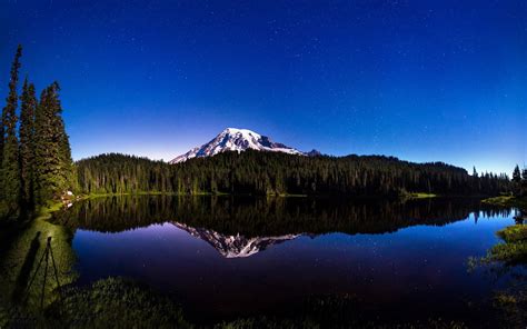 Lake Mountain Summer Nature Landscape Reflection Trees Forest Stars Sky