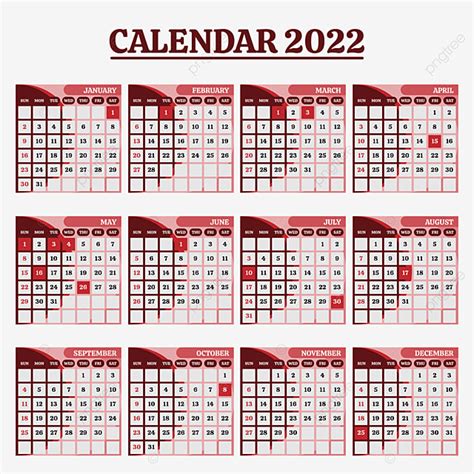 Color Calendar Vector Art Png 2022 Calendar With Red Colors Calendar