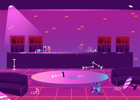 Empty Night Club Interior In Mess After Party Flat Cartoon Vector