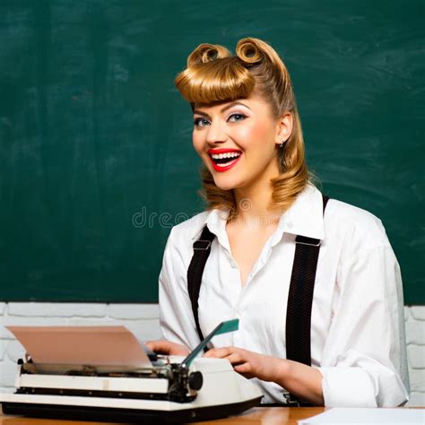 Writer Or Secretary Vintage Beautiful Girl With A Typewriter Retro