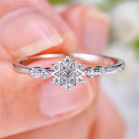 Luxury Female Flower Snowflake Ring Real Sterling Silver Gold
