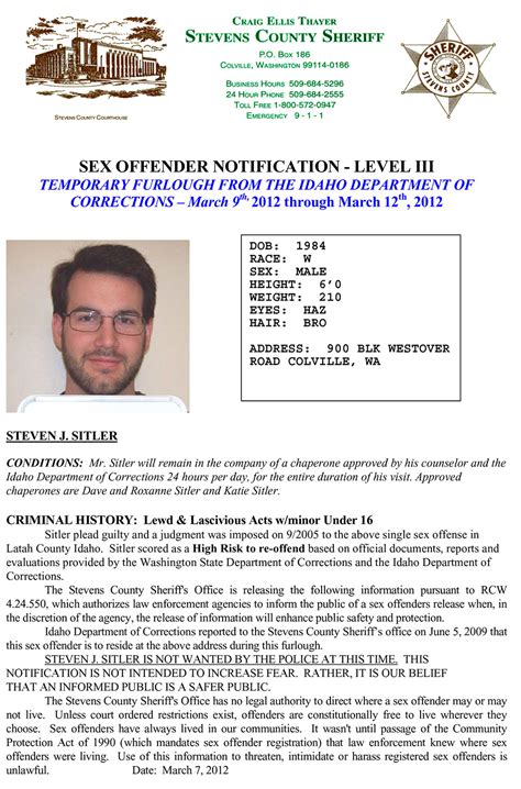 Stevens County Public Notice Sex Offender Notification — Level Iii Steven Sitler Archive
