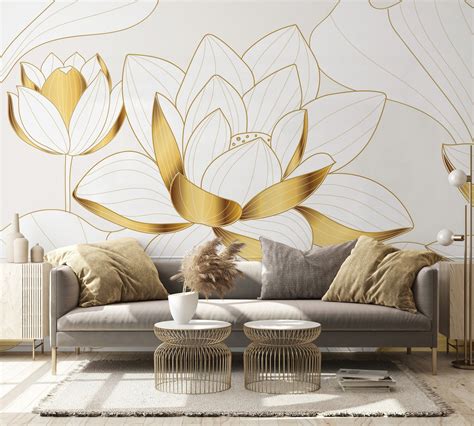 Luxury Golden Lotus Flower Wallpaper Wall Mural Peel And Etsy
