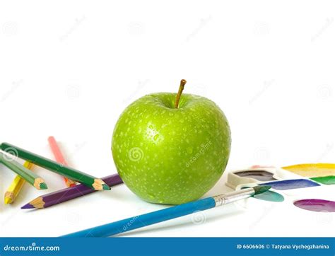 Green Apple And Pencils Stock Photo Image Of Paint Group 6606606