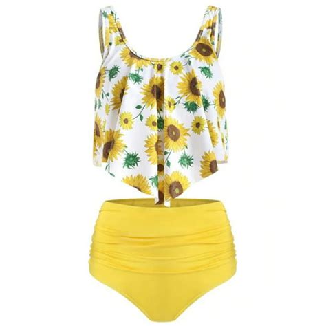 Lallc Women 2pcs Padded Ruffle Strappy Crop Tops High Waist Bikini Set Swimsuit Swimwear