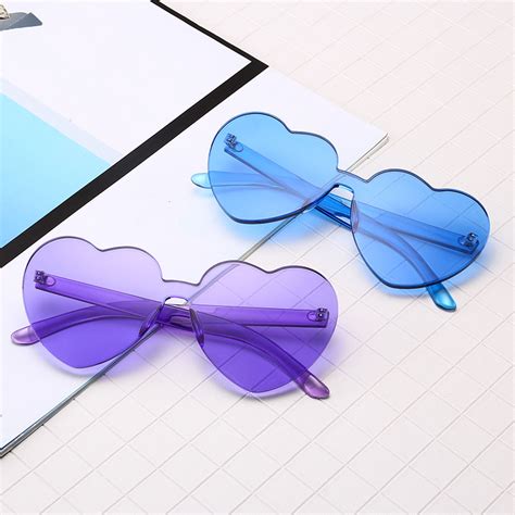 Love Heart Shape Sunglasses Women Rimless Frame Tint Clear Lens Colorful Sun Glasses Red Pink