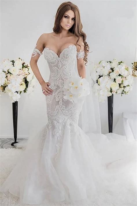 Charming Off The Shoulder Mermaid Style Sweep Train Lace Wedding Dress