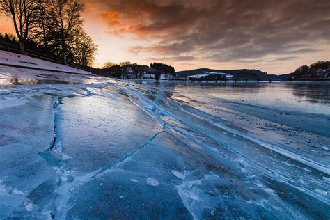 Winter Ice Lake Cold Sunset Landscape Reservoir Icy Frost