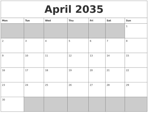 April 2035 Blank Printable Calendar