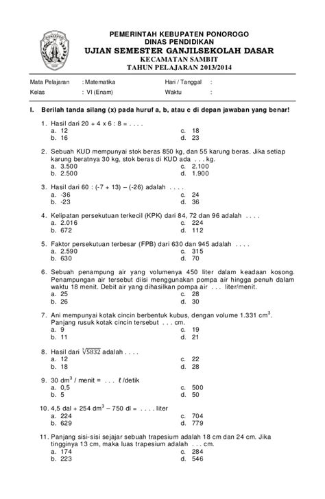 Kunci jawaban soal mtk kelas 8. Soal matematika kls 6 uas ganjil 2013 2014 ok