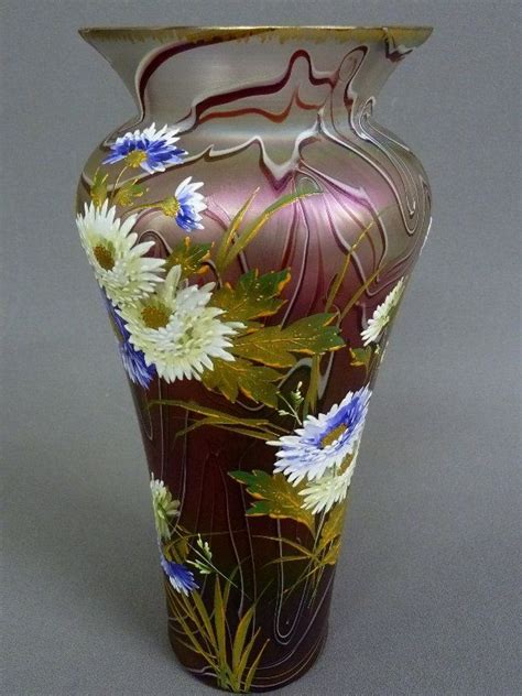 Fantastic Hand Blown Art Glass Vase Possibly Loetz With Hand Enameled Flowers C 1900 Glass