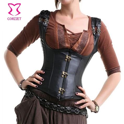 Black Faux Leather Steel Boned Underbust Corset Vest Gothic Corsets And Bustiers Steampunk