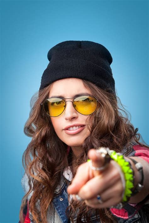 Beautiful Trendy Hipster Girl In Black Beanie Hat Pointing Finger At You Stock Image Image Of