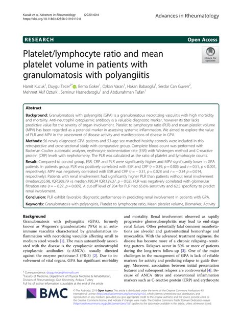 Pdf Plateletlymphocyte Ratio And Mean Platelet Volume In Patients
