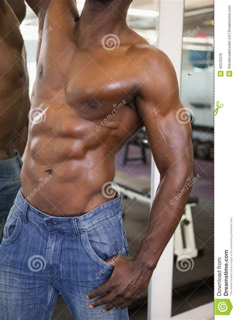 Mid Section Of A Shirtless Muscular Man In Gym Stock Photo Image Of