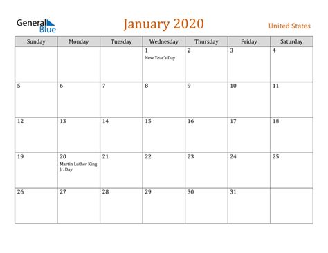 United States January 2020 Calendar With Holidays