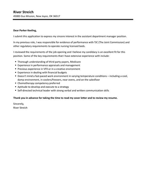 Assistant Department Manager Cover Letter Velvet Jobs