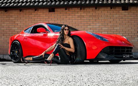 wallpaper brunette high heels women with cars red cars super car sports car ferrari