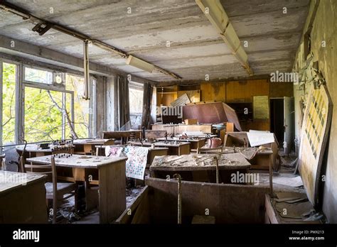 Interior View Of A Music Classroom In An Abandoned School In Chernobyl