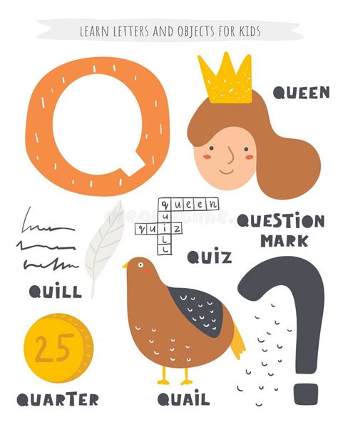Q Letter Objects And Animals Including Queen Quill Quail Quarter
