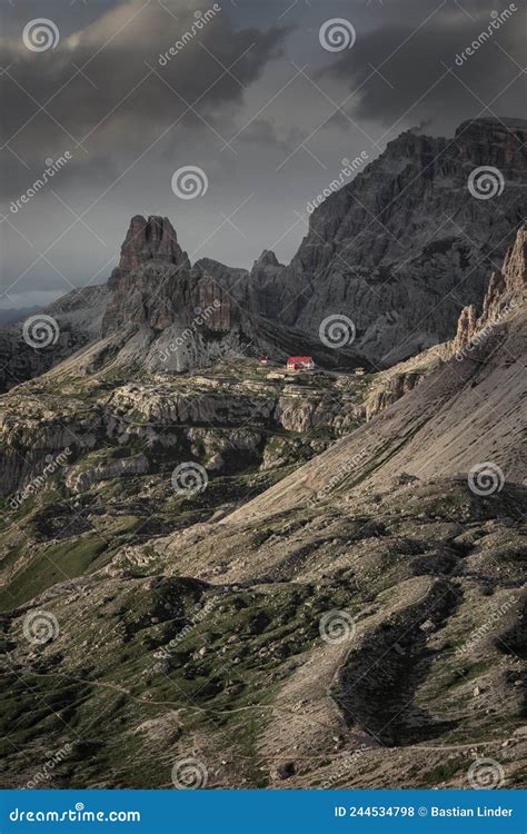 Rifugio Three Peaks Hut With Sasso Di Sesto Summit In The Dolomite Alps