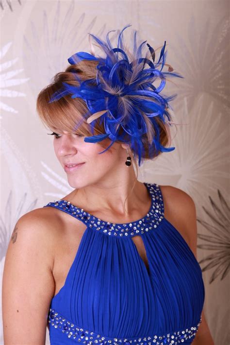 royal blue satin and feathers taupe nude highlight feather small fascinator hat abbie